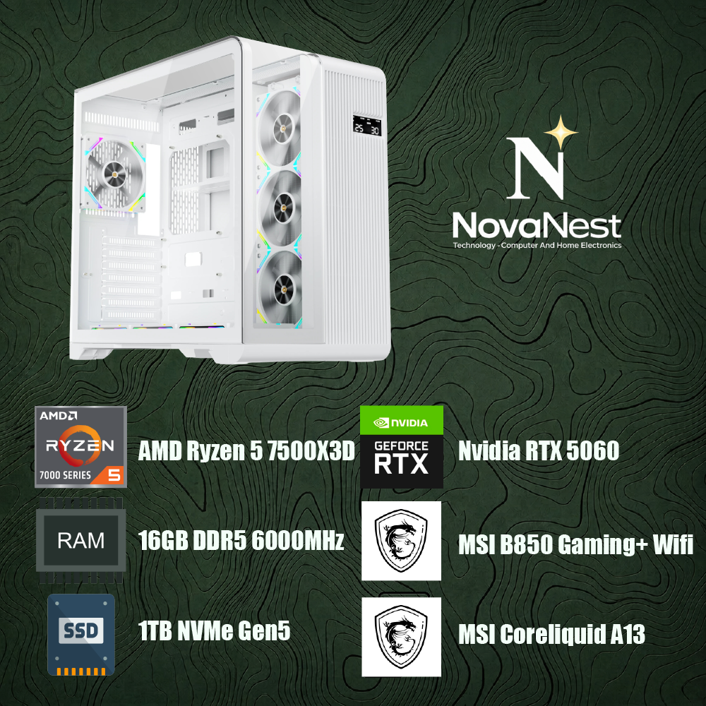 Bilgisayar Sistemi AMD Ryzen 5 7500X3D - MSI B850 Gaming Plus Wifi6E - 16GB DDR5 RAM - 1TB NVMe Gen4 SSD - MSI A13 360mm Sıvı Soğutma - MSI Ventus 2x Nvidia GeForce RTX 5060