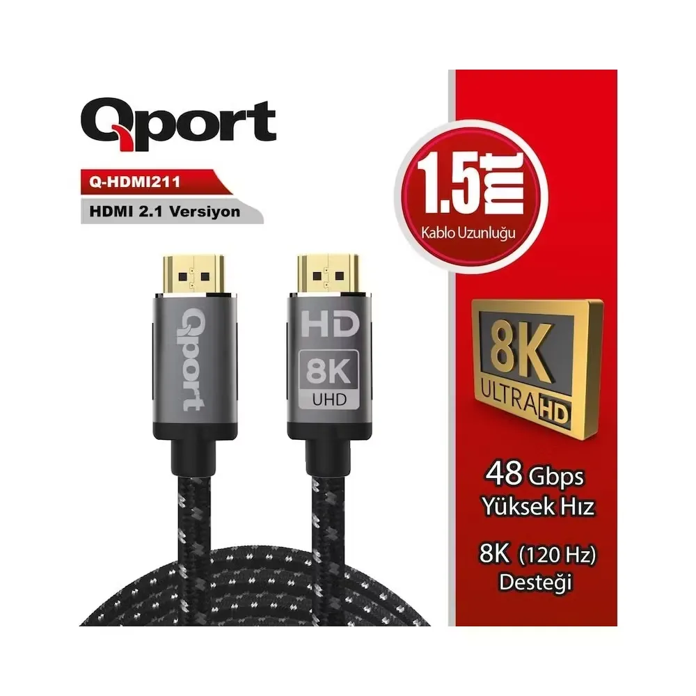 QPORT Q-HDMI211 HDMI 2.1V 8K ALTIN UÇLU 1.5 MT KABLO (1.5M)
