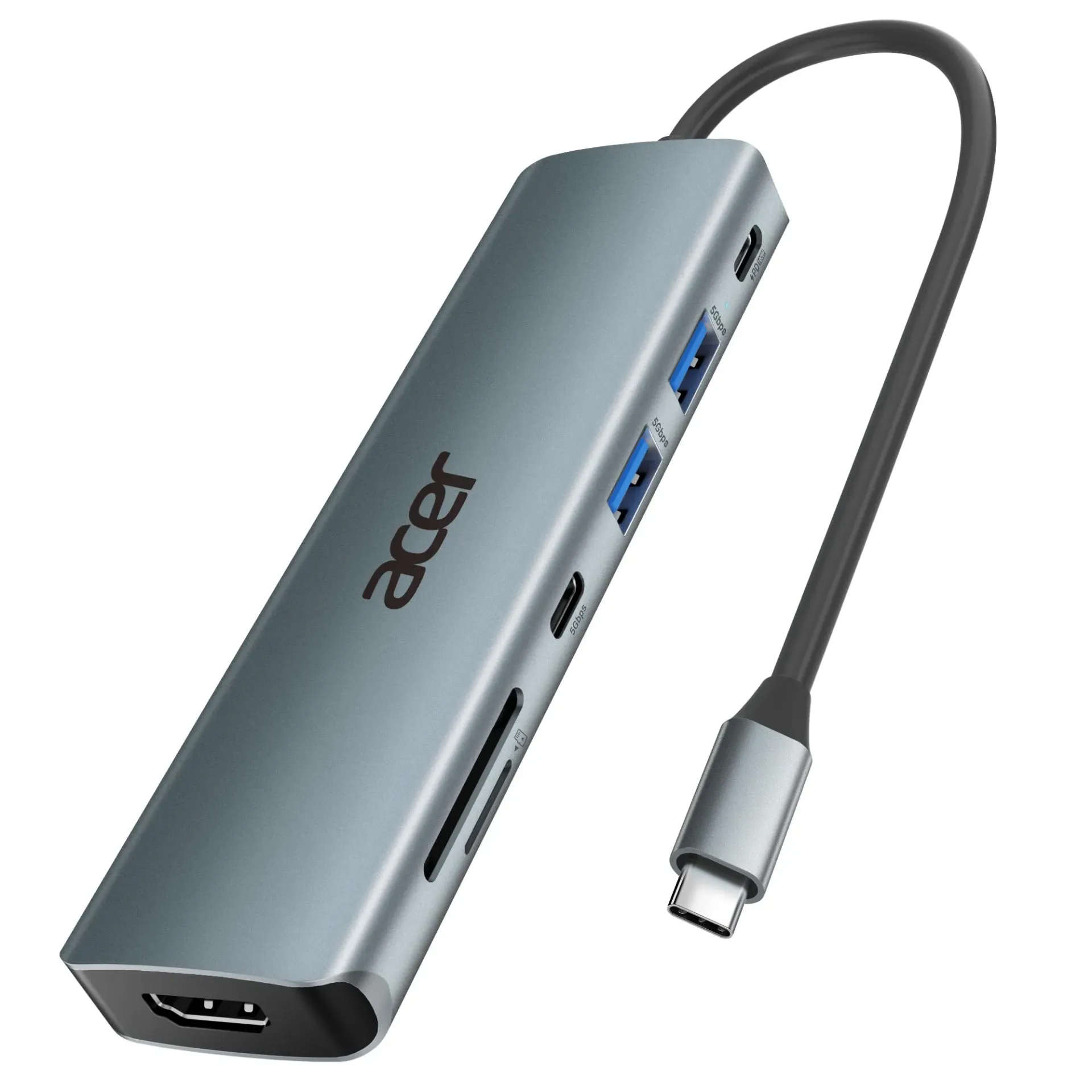Acer USB C Hub, 7'si 1 Arada USB C - HDMI Bölücü, 2 USB 3.1 GEN1 ve 5Gbps Tip-C Veri Bağlantı Noktası, 4K HDMI Bağlantı Noktası, PD 100W Şarj, SD Kart Okuyucu, iPad Pro MacBook Pro Acer Dizüstü
