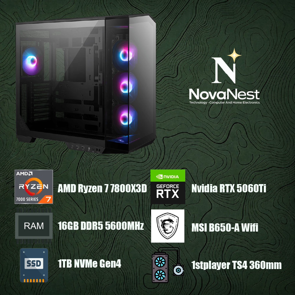 Bilgisayar Sistemi AMD Ryzen 7 7800X3D - MSI PRO B650-A WIFI - 16GB DDR5 RAM - 1TB NVMe Gen4 SSD - 1STPlayer TS4 360mm Sıvı Soğutma - MSI Ventus 2x Nvidia GeForce RTX 5060Ti 8GB