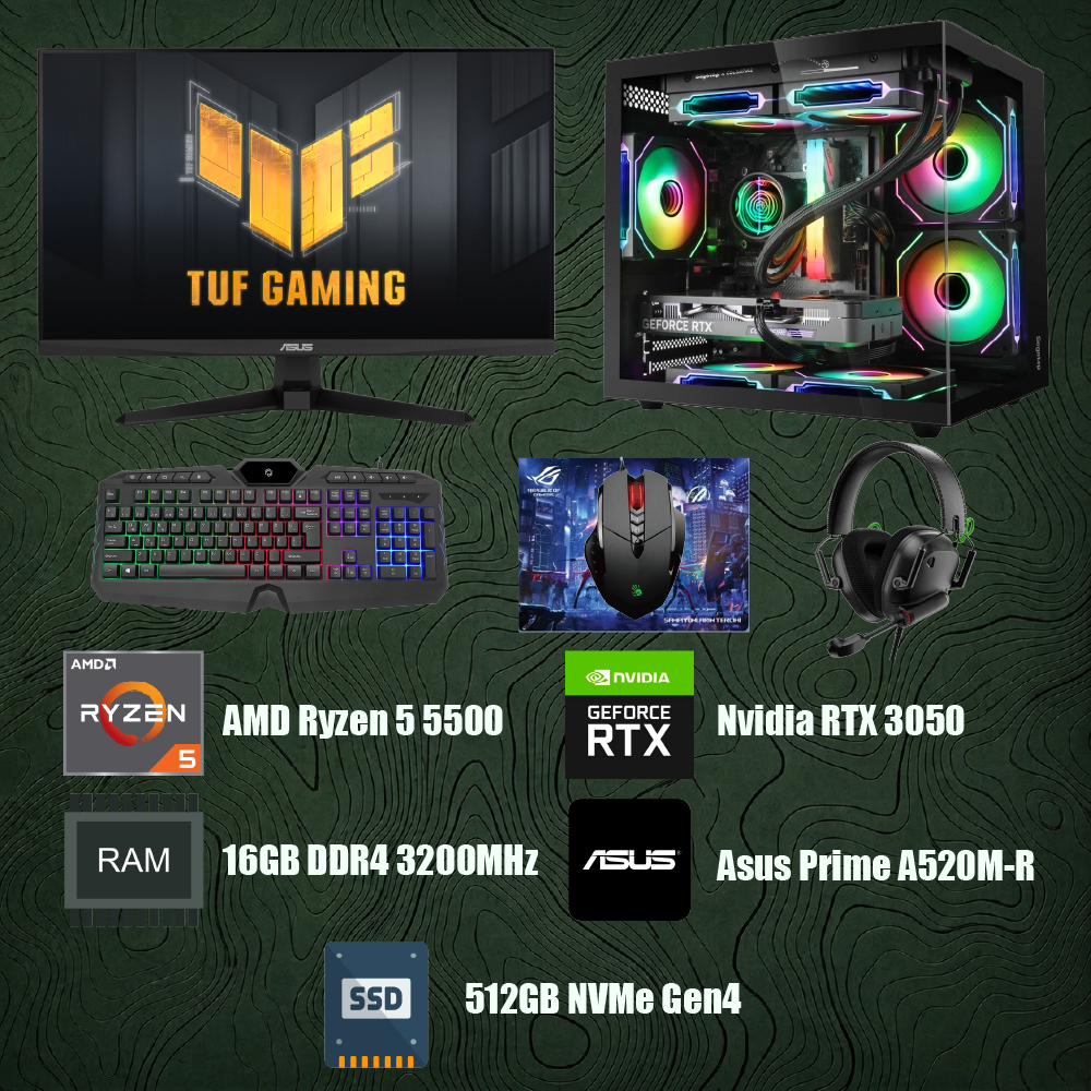 Bilgisayar Sistemi Full Set - AMD Ryzen 5 5500 - Asus Prime A520M-R - 16GB DDR4 RAM - 512GB NVMe Gen4 SSD - MSI Ventus 2x Nvidia GeForce RTX 3050 + Asus TUF Gaming 24.5" VG257Q5A IPS 0.5ms 200HZ 1080P Monitör + Gaming Klavye, Kulaklık, Mouse, Mousepad