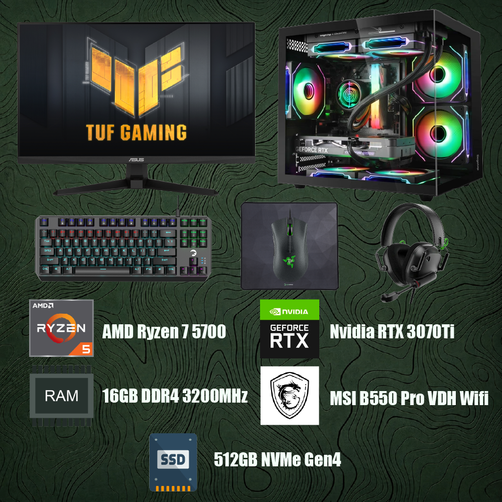 Bilgisayar Sistemi Full Set - AMD Ryzen 7 5700 - MSI B550 PRO-VDH - 16GB DDR4 RAM - 512GB NVMe Gen4 SSD - Nvidia GeForce RTX 3070Ti 8GB + Asus TUF Gaming 24.5" VG257Q5A IPS 0.5ms 200HZ 1080P Monitör + Gaming Klavye, Kulaklık, Mouse, Mousepad