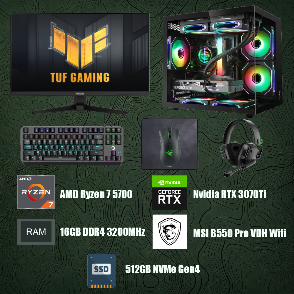 Bilgisayar Sistemi Full Set - AMD Ryzen 7 5700 - MSI B550 PRO-VDH - 16GB DDR4 RAM - 512GB NVMe Gen4 SSD - Nvidia GeForce RTX 3070Ti 8GB + Asus TUF Gaming 24.5" VG257Q5A IPS 0.5ms 200HZ 1080P Monitör + Gaming Klavye, Kulaklık, Mouse, Mousepad