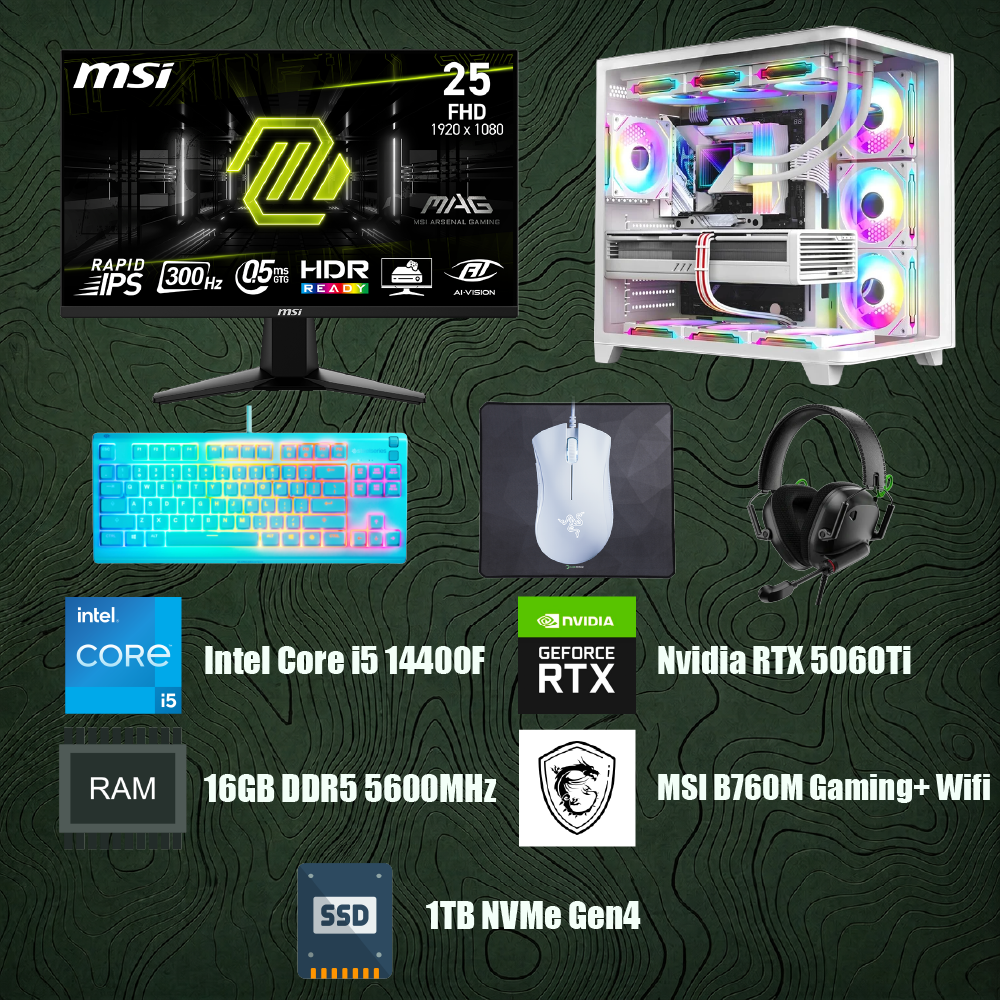 Bilgisayar Sistemi Full Set - Intel Core i5 14400F - MSI B760M Gaming Plus Wifi - 16GB DDR5 RAM - 1TB NVMe Gen4 SSD - Colorful iGame Nvidia GeForce RTX 5060Ti 16GB + MSI MAG 255XF 24.5 IPS 0.5MS 300HZ FHD Monitör + Gaming Klavye, Kulaklık, Mouse, Mousepad
