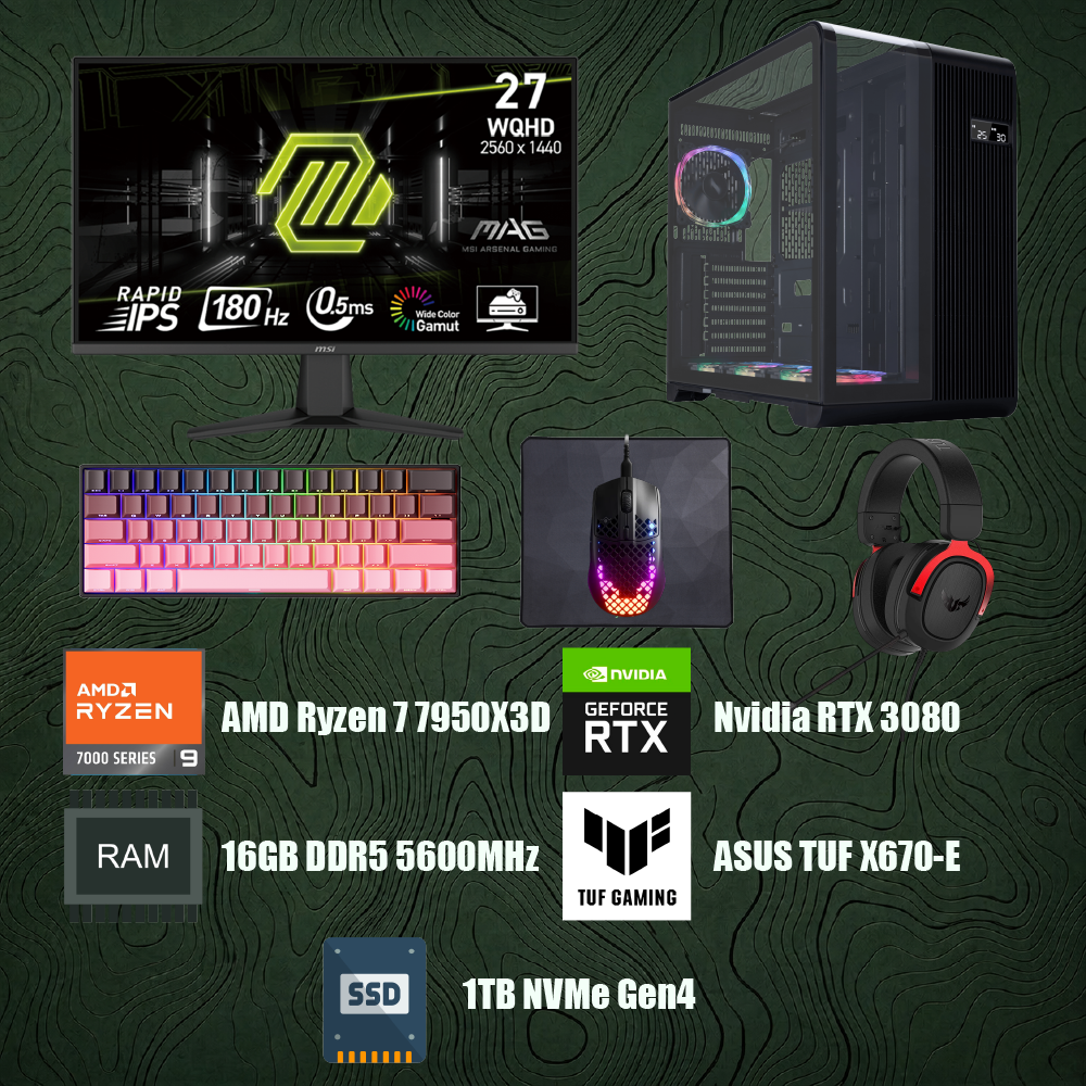 Bilgisayar Sistemi Full Set - AMD Ryzen 9 7950X3D - ASUS TUF X670-E PLUS - 16GB DDR5 RAM - 1TB NVMe Gen4 SSD -  ASUS TUF Nvidia GeForce RTX 3080 10G - 1STPlayer TS4 360mm Sıvı Soğutma + MSI MAG 275QF 27'' RAPID IPS 180HZ 0.5MS 2K 2560x1440 Monitör + Gaming Klavye, Kulaklık, Mouse, Mousepad