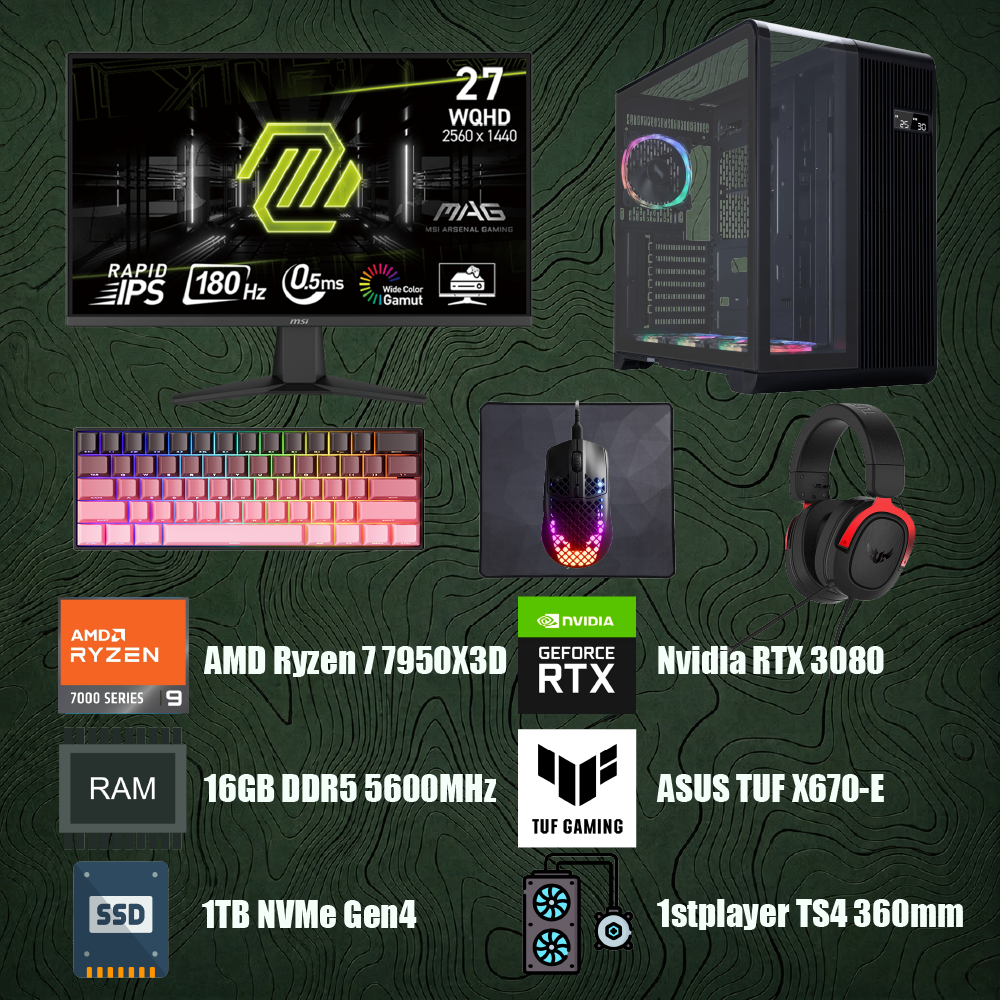 Bilgisayar Sistemi Full Set - AMD Ryzen 9 7950X3D - ASUS TUF X670-E PLUS - 16GB DDR5 RAM - 1TB NVMe Gen4 SSD -  ASUS TUF Nvidia GeForce RTX 3080 10G - 1STPlayer TS4 360mm Sıvı Soğutma + MSI MAG 275QF 27'' RAPID IPS 180HZ 0.5MS 2K 2560x1440 Monitör + Gaming Klavye, Kulaklık, Mouse, Mousepad