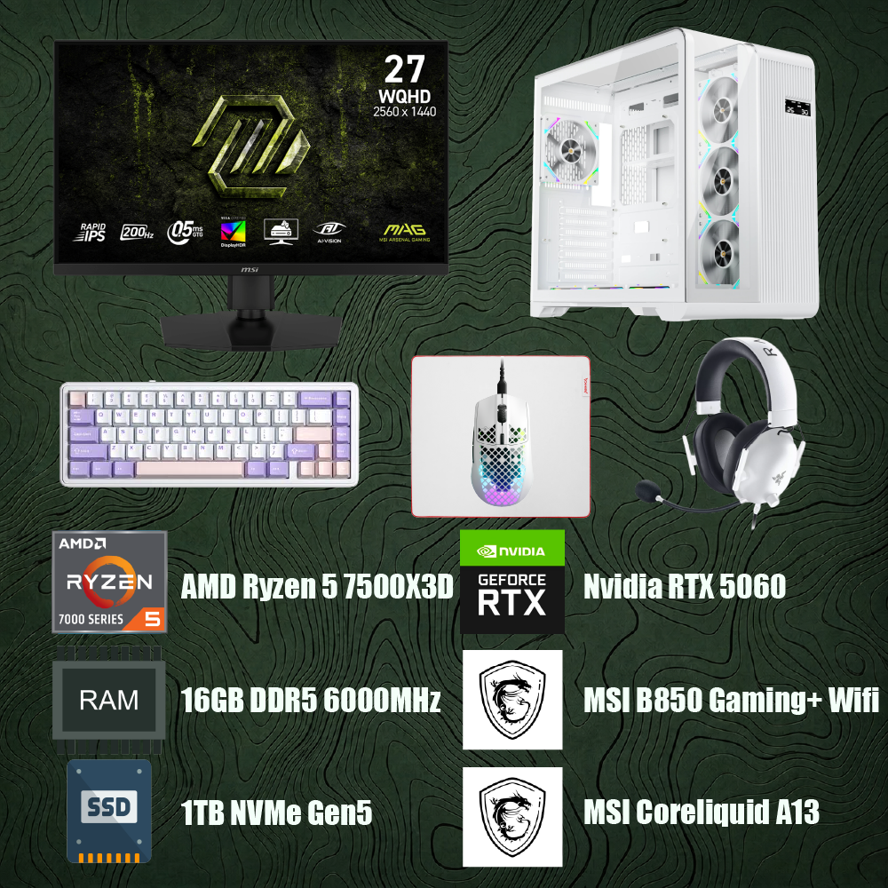 Bilgisayar Sistemi Full Set - AMD Ryzen 5 7500X3D - MSI B850 Gaming Plus Wifi6E - 16GB DDR5 RAM - 1TB NVMe Gen4 SSD - MSI Ventus 2x Nvidia GeForce RTX 5060 - MSI A13 360mm Sıvı Soğutma + MSI MAG 274QPF E20 27'' RAPID IPS 200HZ 0.5MS 2K 2560x1440 Monitör + Gaming Klavye, Kulaklık, Mouse, Mousepad