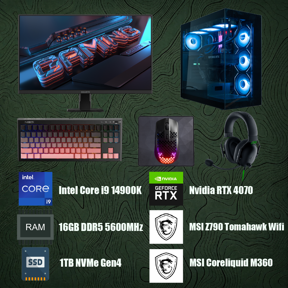 Bilgisayar Sistemi Full Set - Intel Core i9 14900K - MSI Z790 Tomahawk Wifi - 16GB DDR5 RAM - 1TB NVMe Gen4 SSD - Nvidia GeForce RTX 4070 - MSI Coreliquid M360 Sıvı Soğutma + Gigabyte GS27QA 27" 1Ms 180Hz QHD 2560 x 1440 2K Monitör + Gaming Klavye, Kulaklık, Mouse, Mousepad