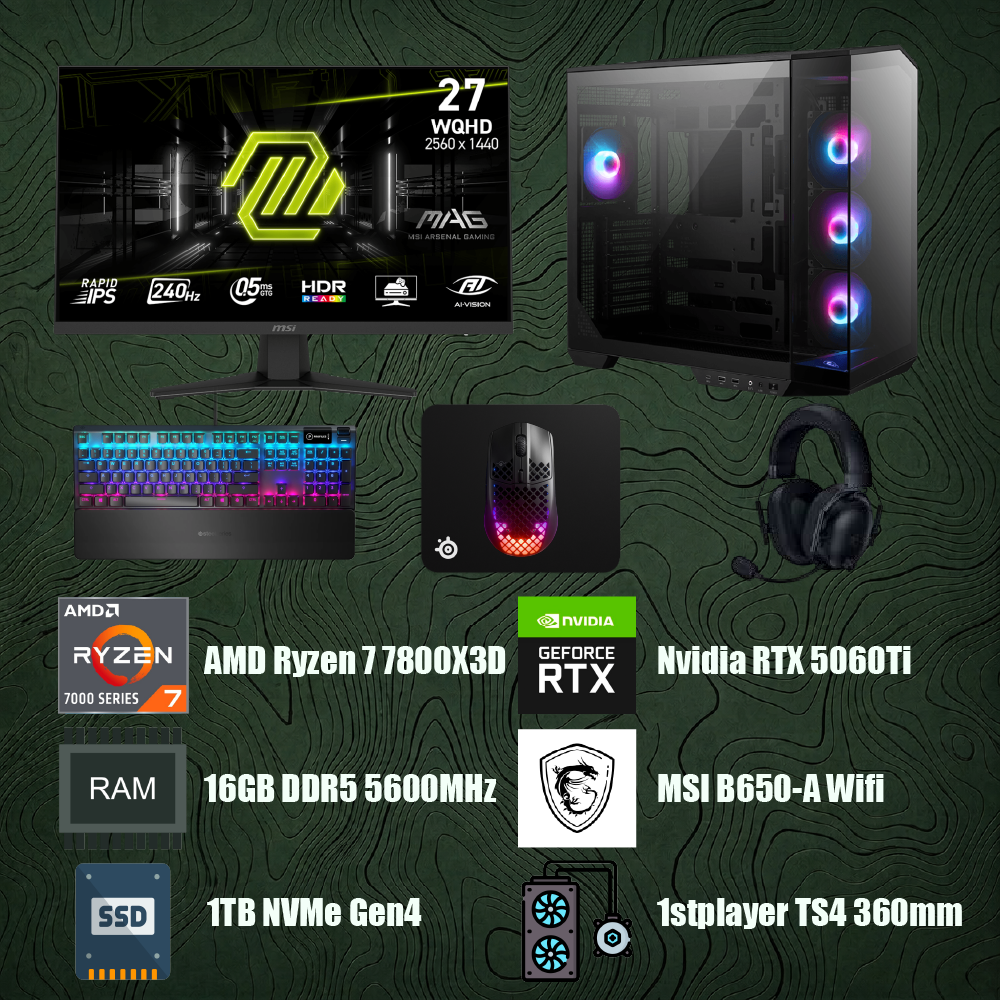 Bilgisayar Sistemi Full Set - AMD Ryzen 7 7800X3D - MSI PRO B650-A WIFI - 16GB DDR5 RAM - 1TB NVMe Gen4 SSD - MSI Ventus 2x Nvidia GeForce RTX 5060Ti 8GB - 1STPlayer TS4 360mm Sıvı Soğutma + MSI 27 MAG 274QF X24 2560x1440 RAPID IPS 0.5MS 240HZ Monitör + Gaming Klavye, Kulaklık, Mouse, Mousepad