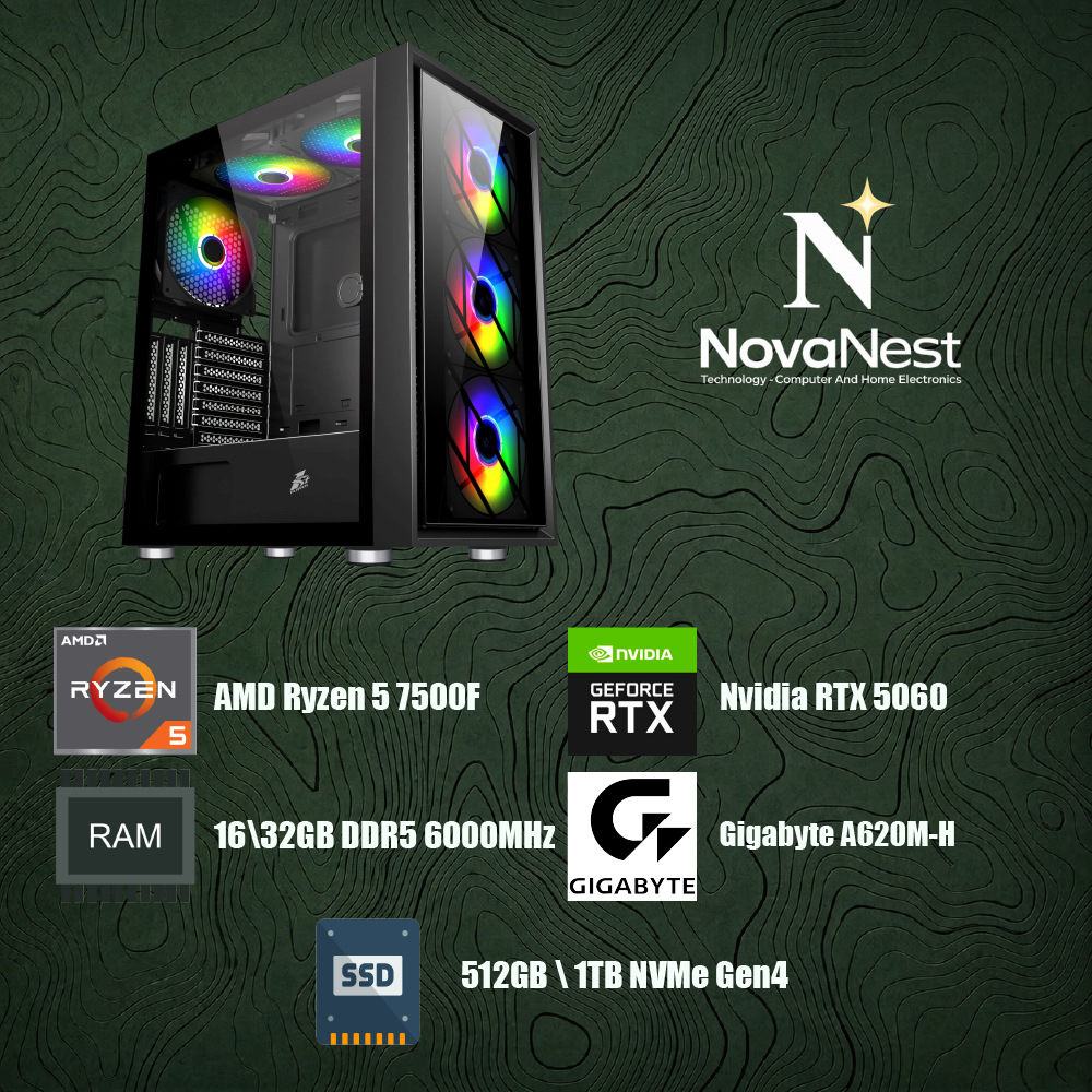 Bilgisayar Sistemi AMD Ryzen 5 7500F - GIGABYTE A620M-H - 16 \ 32GB DDR5 RAM - 512GB \ 1TB NVMe Gen4 SSD - GIGABYTE Nvidia GeForce RTX 5060
